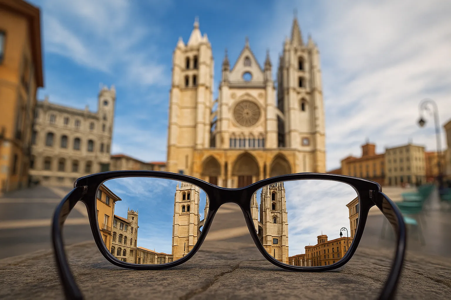 Catedral de León vista nítidamente a través de unas gafas