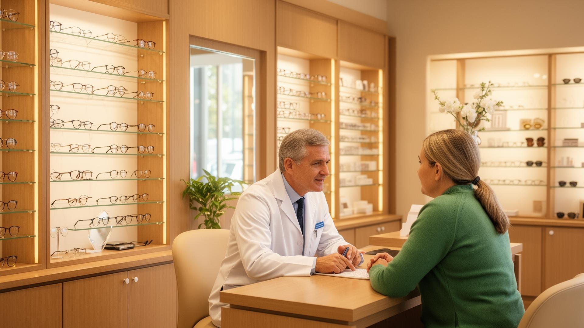 Comparación de cómo se ve el mostrador de una óptica con vista cansada y con lentes progresivas